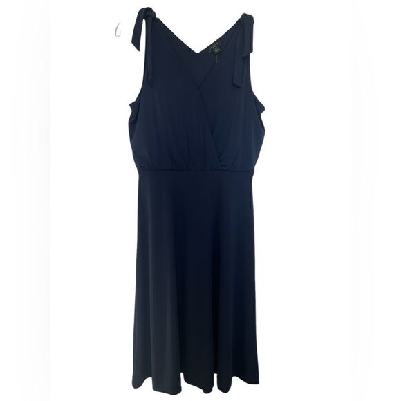 Ann Taylor Navy Blue Matte Jersey Shoulder Tie Flare Midi Dress SP - Picture 1 of 8